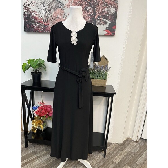 MSK Womens Short Sleeve Midi Fit + Flare Black Dress Small Keyhole Neck  Pullover